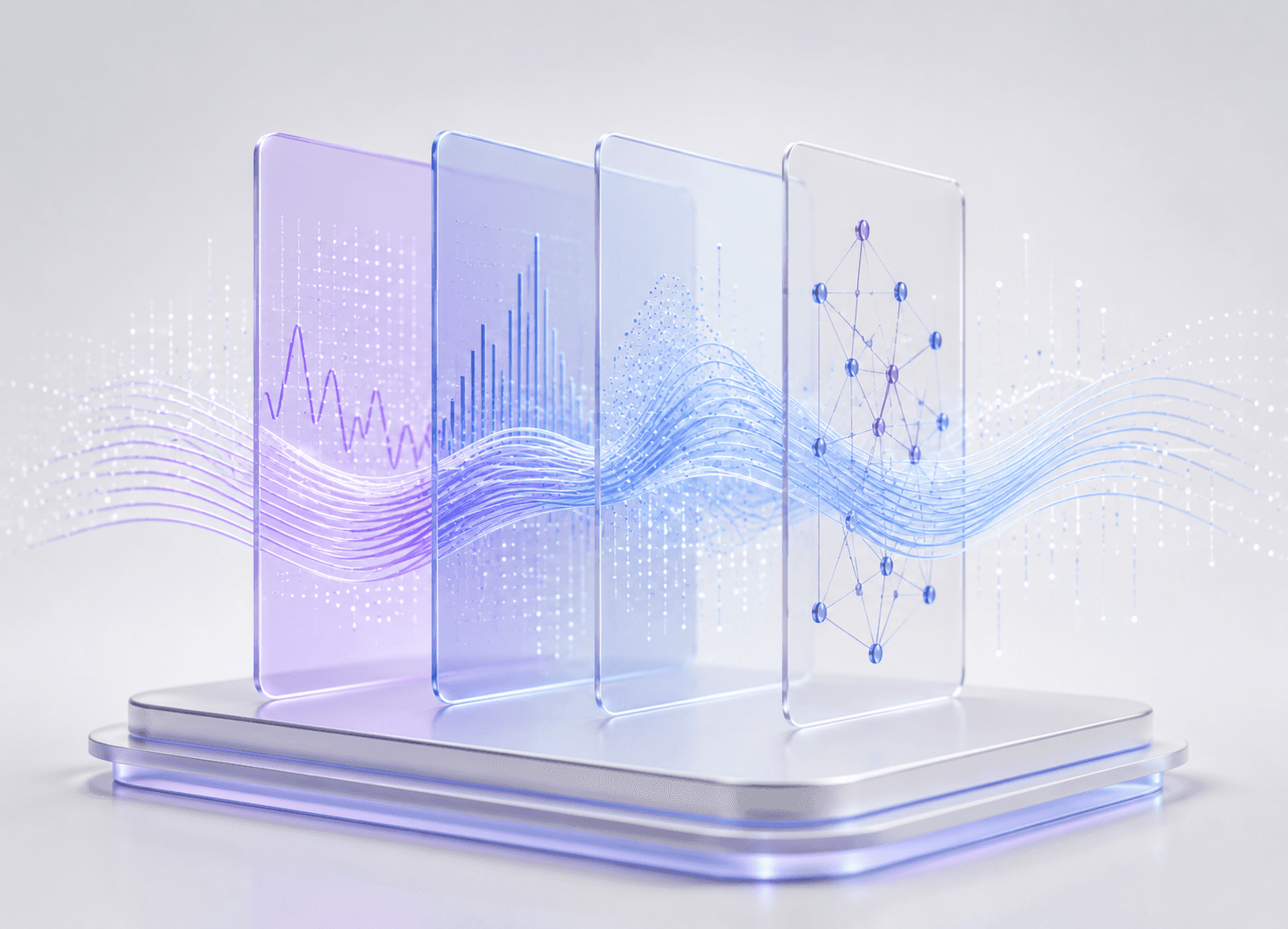 Layered streams of raw clinical data converging into a single validated, connected model