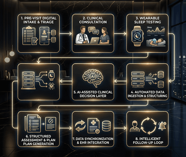 Workflow automation diagram showing the automated sleep study reporting pipeline